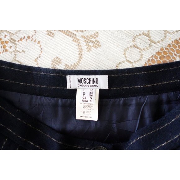 Vtg 00s Y2K Moschino Navy Blue Pinstripe Wool Button Trumpet Skirt IT 40 US 4 - Picture 3 of 6